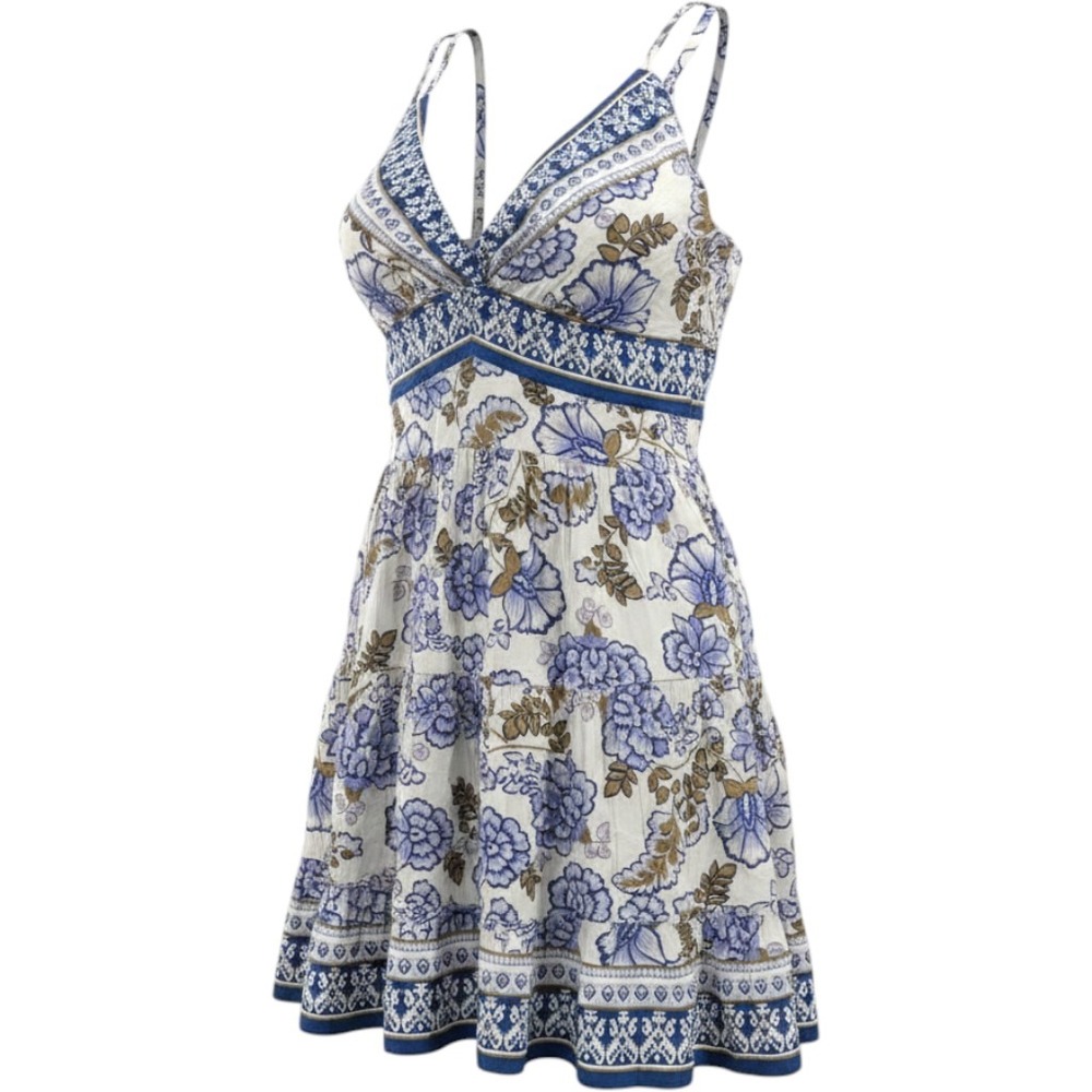 Angie Sundress Womens Medium White Blue Floral Pleated V Neck Adjustable Straps